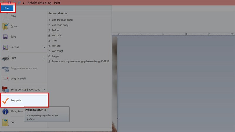 Chọn File > Chọn Properties hoặc nhấn tổ hợp phím Ctrl + E