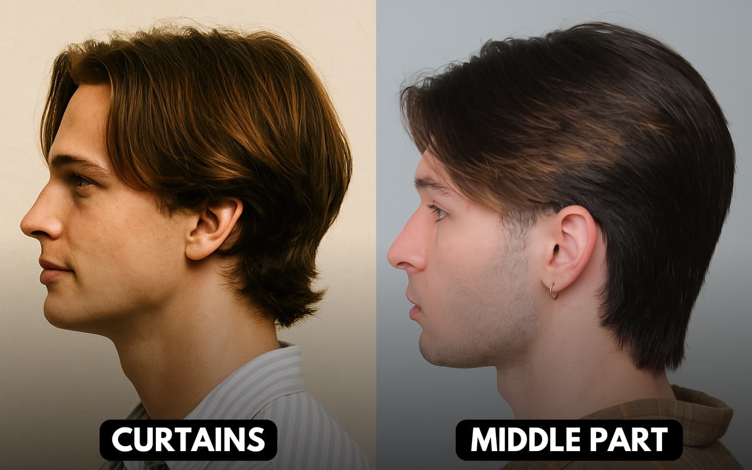 Curtain Bangs hairstyle with soft face-framing layers and natural middle part for modern men’s style.