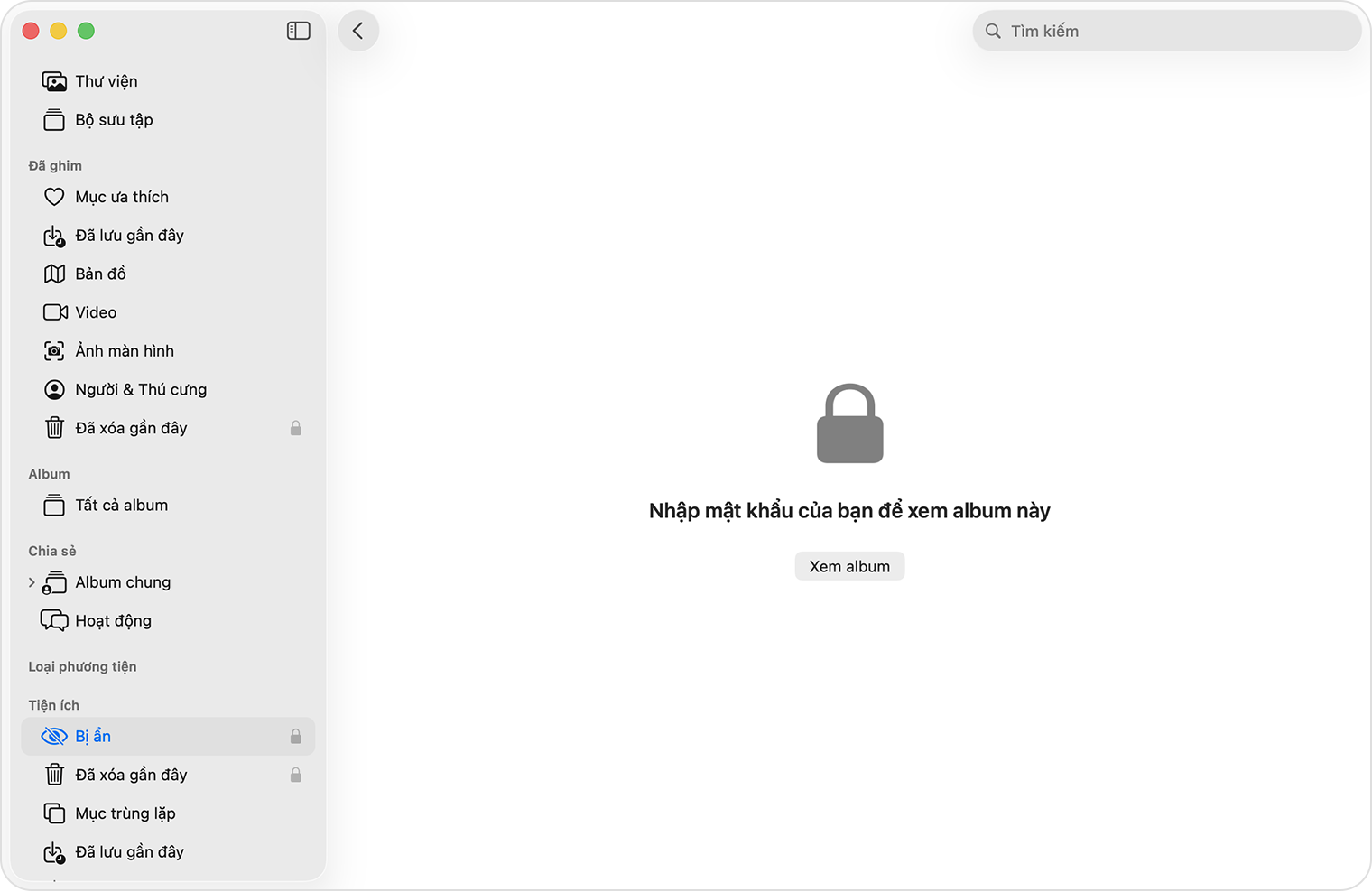 Album Bị ẩn được đánh dấu trong ứng dụng Ảnh trên macOS.