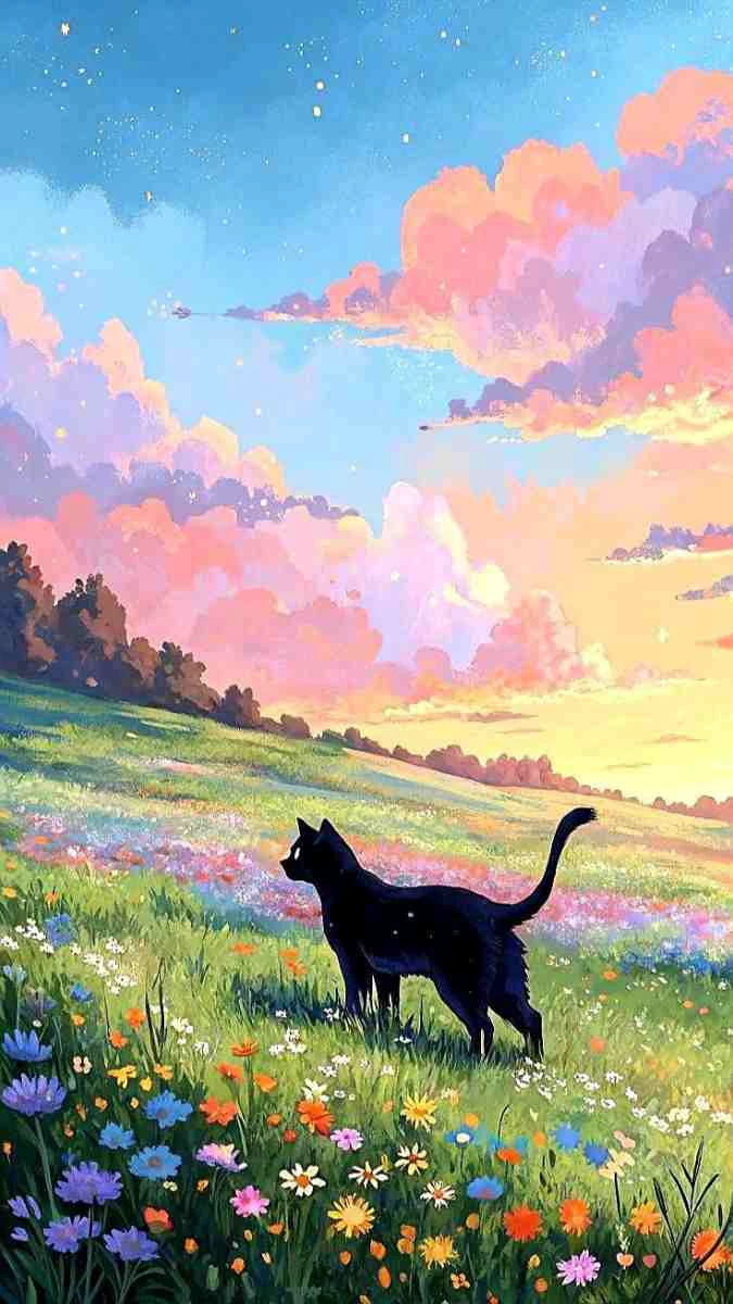 Chú mèo đen giữa vườn hoa