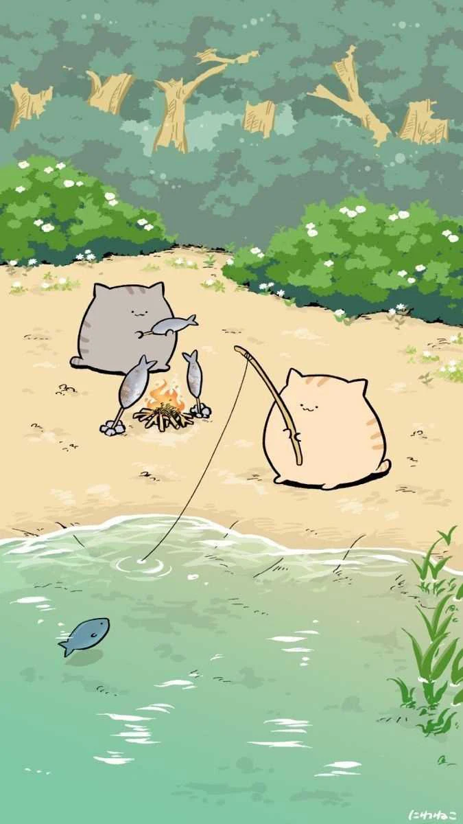 Hình ảnh 2 chú mèo câu cá hài hước