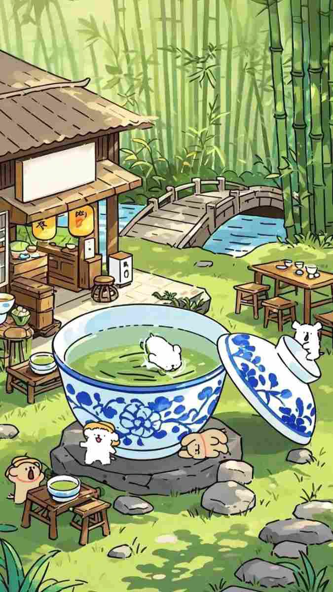 Hình nền iPhone 15 hoạt hình, chú mèo và chén trà