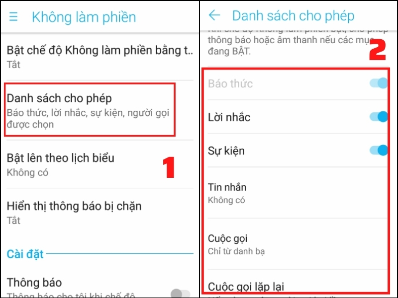 Các chế độ cài đặt