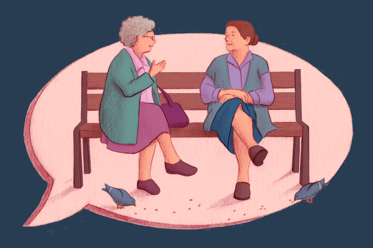 Illustration showing two people chatting on a park bench within a speech bubble