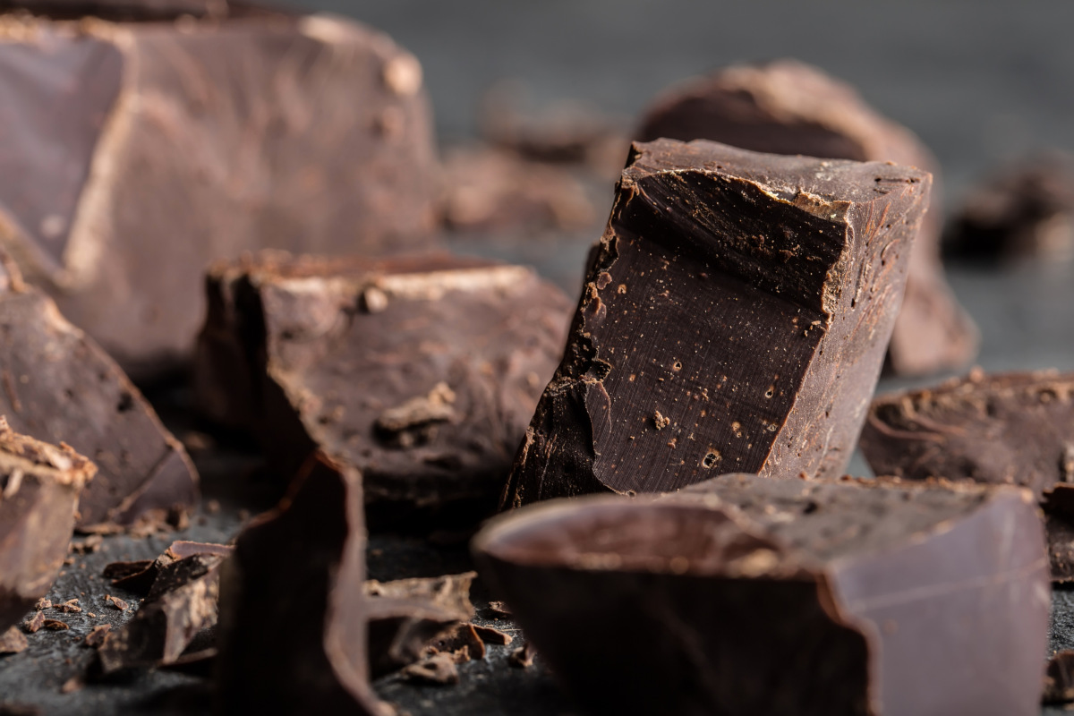 Close-up photo of cubes of dark chocolate