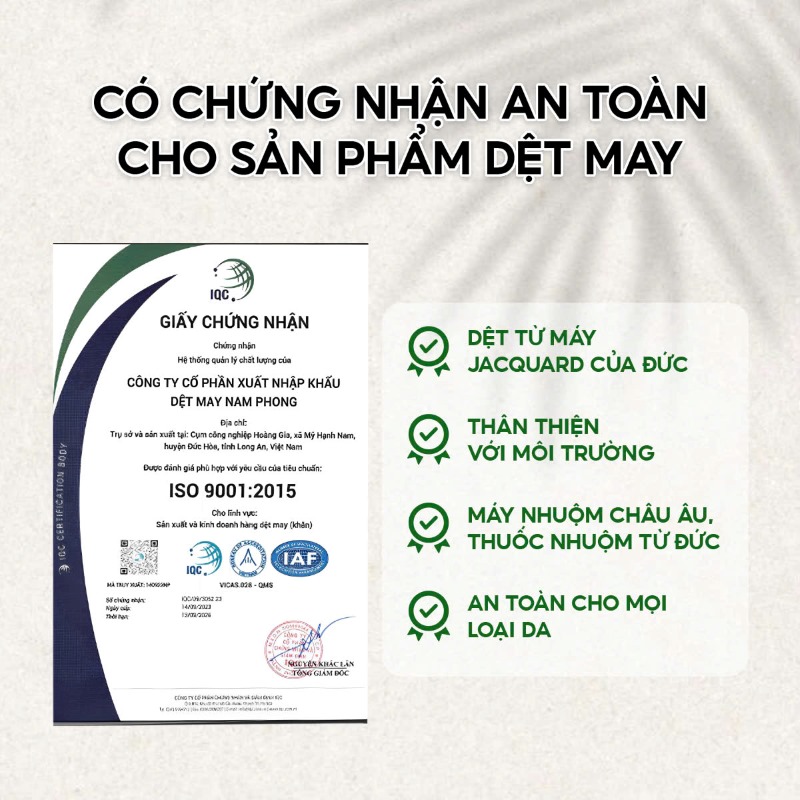 Chứng nhận ISO 9001:2015 cho khăn tắm Nam Phong