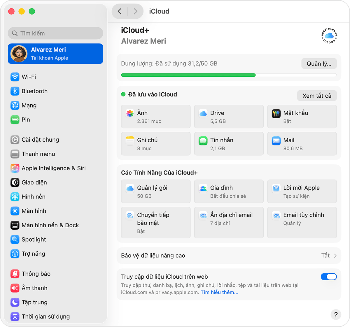 Trong mục cài đặt iCloud trên macOS, bạn có thể thấy Drive trong phần Đã lưu vào iCloud.