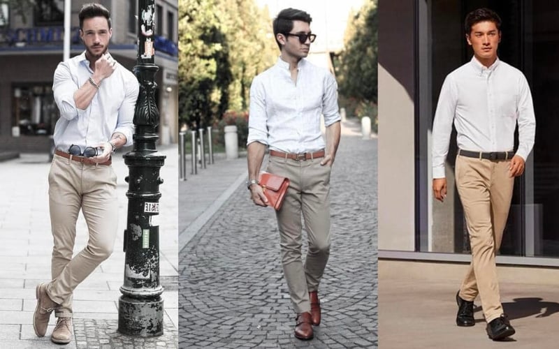 Phối quần khaki với áo sơ mi