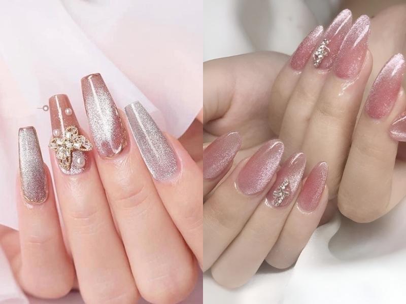 Nail mắt mèo kim cương hồng phối trắng