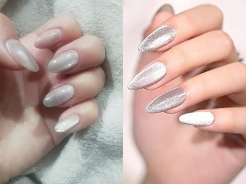 Mẫu nail mắt mèo trắng kim tuyến