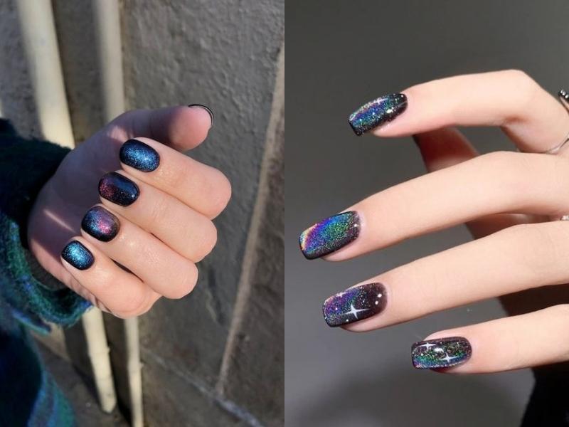 Mẫu nail mắt mèo đen ánh cầu vồng