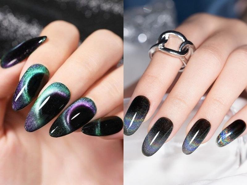 Mẫu nail màu đen ánh cầu vồng