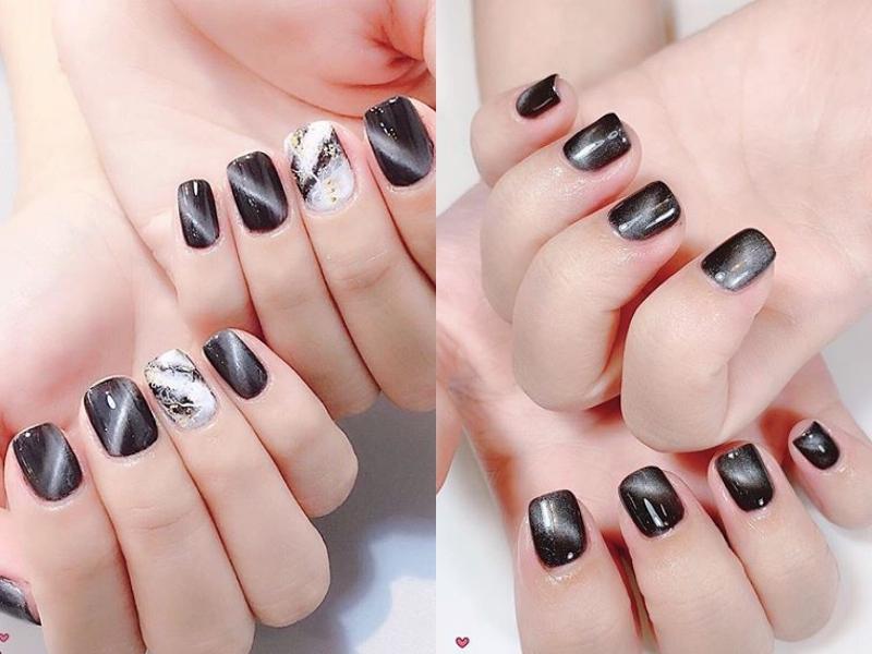 Mẫu nail móng ngắn mắt mèo kim cương đen