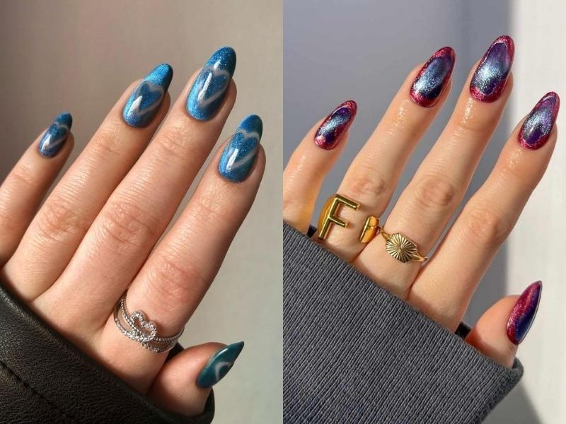 Nail mắt mèo phối nhũ màu xanh tím