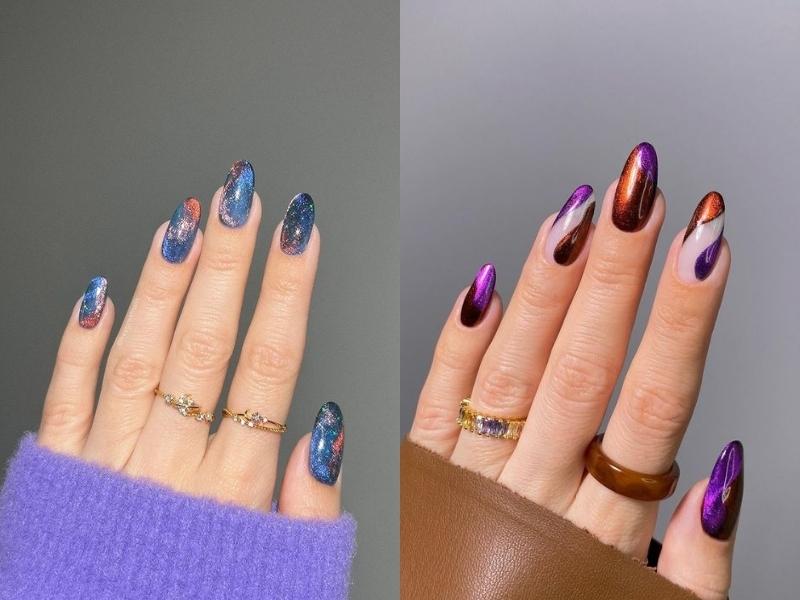 Mẫu nail mắt mèo phối nhũ trên nền sơn màu xanh và tím