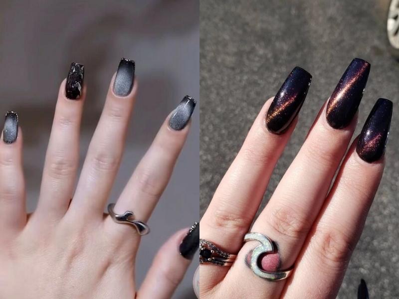 Mẫu nail mắt mèo kim cương đen ánh nhủ kim tuyến