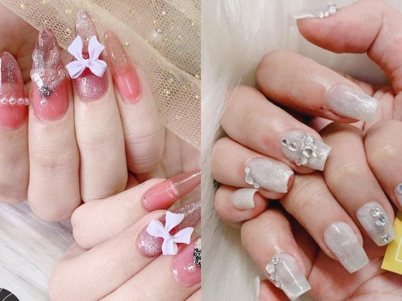 Nail mắt mèo đính charm nơ