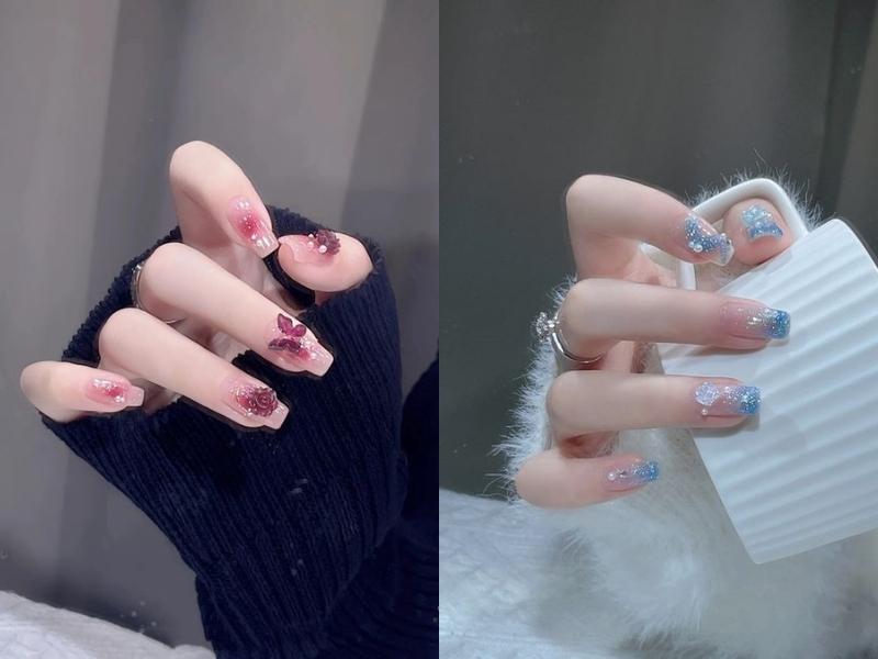 Nail mắt mèo màu xanh và tím đính charm bướm