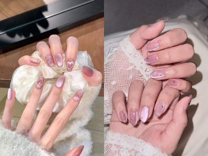 nail mắt mèo màu hồng móng ngắn