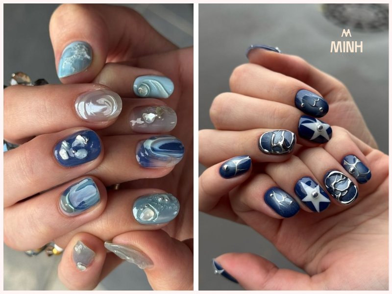 Mẫu nail xanh dương đẹp đính đá