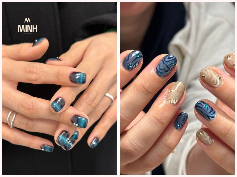 Mẫu móng xanh dương mắt mèo đậm