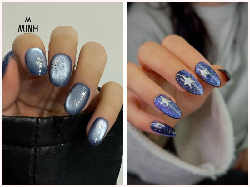 Mẫu nail xanh dương đẹp có họa tiết