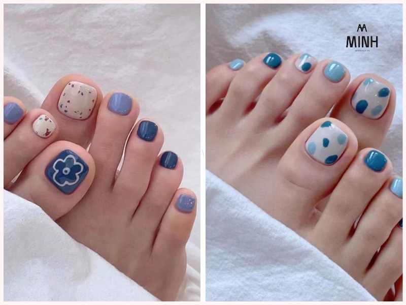 Mẫu nail màu xanh dương đẹp hoạ tiết vân đá
