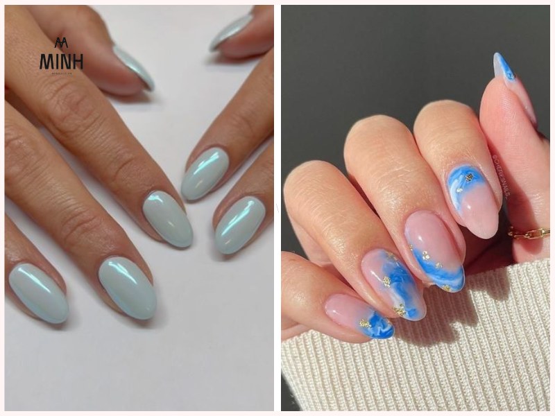 Mẫu nail xanh dương đẹp với họa tiết hoa
