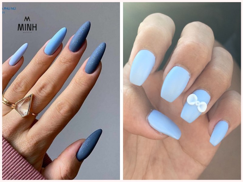 Mẫu nail xanh dương đẹp có nhũ