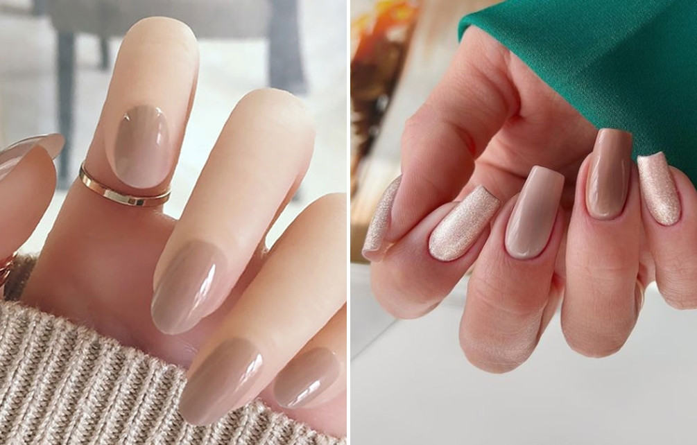 Nail màu nude đính đá, họa tiết cho phong cách Tây.