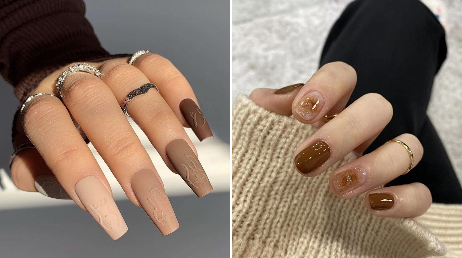 Nail màu nâu thêm đá lấp lánh tạo điểm nhấn.