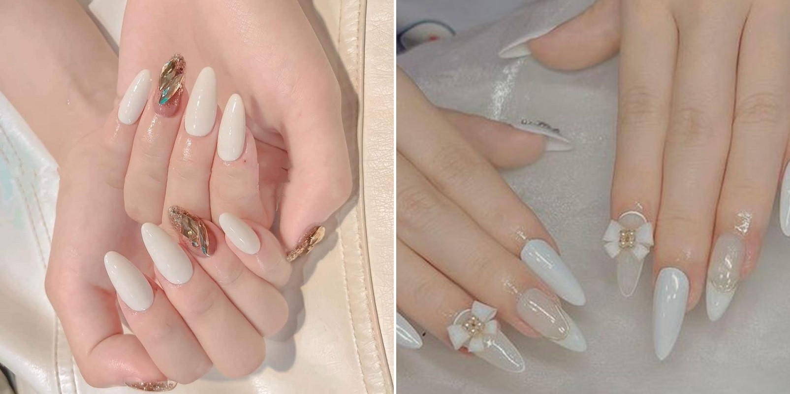 Nail màu trắng đính đá đơn giản sang trọng.