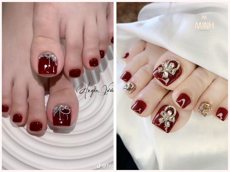 Mẫu nail chân màu đỏ đính charm nơ trendy