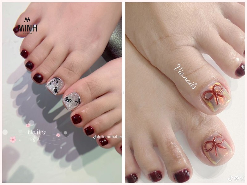 Mẫu nail chân màu đỏ đính charm nơ trendy