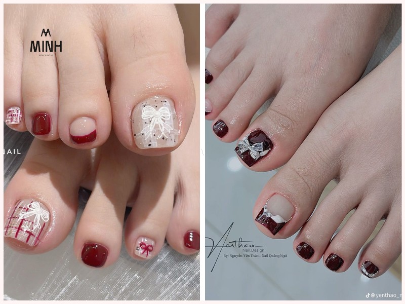 Mẫu nail chân màu đỏ có họa tiết