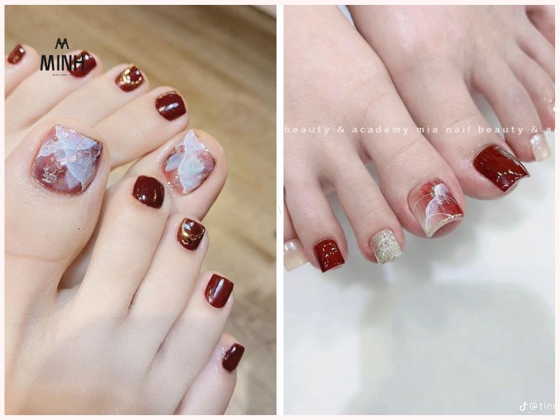 Mẫu nail chân màu đỏ có họa tiết