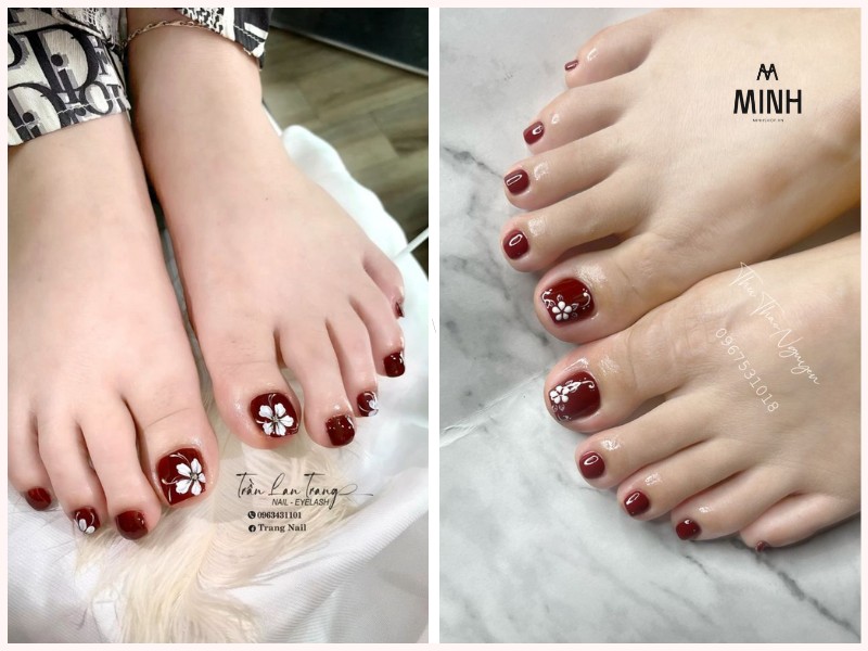 Mẫu nail chân màu đỏ đẹp với họa tiết hoa