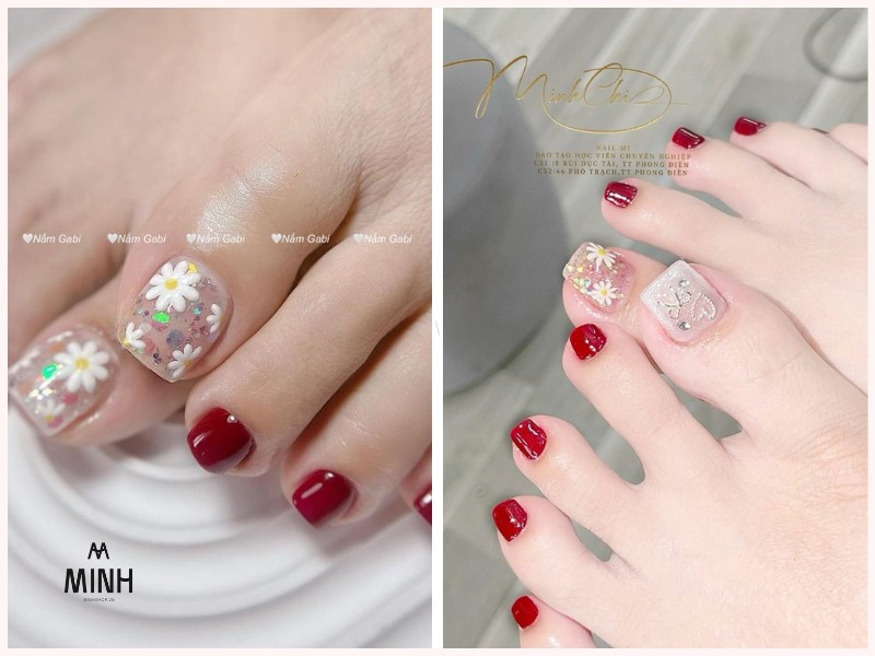 Nail chân đỏ trắng đơn giản cực sang