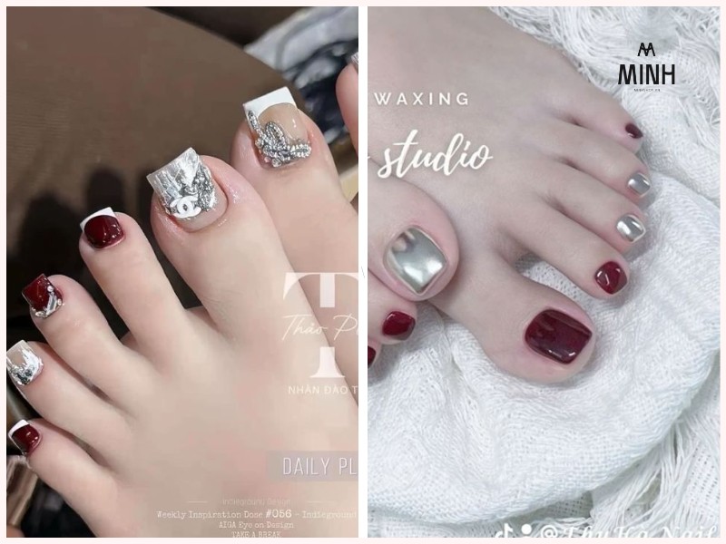 Nail chân đỏ trắng đơn giản cực sang