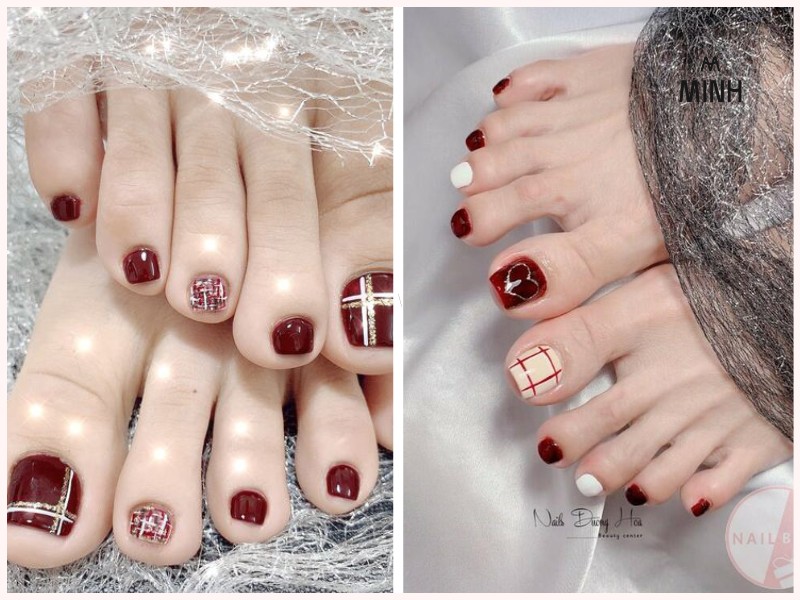 Mẫu nail chân màu đỏ họa tiết caro