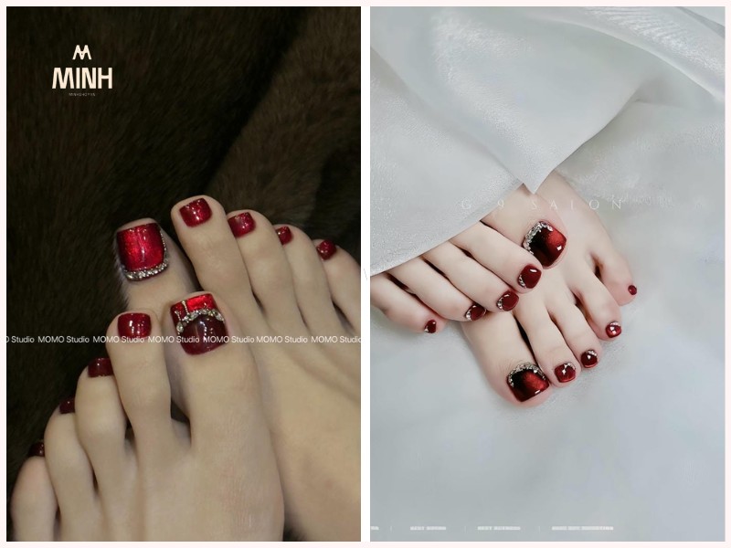 Sơn móng chân màu đỏ họa tiết trái cây
