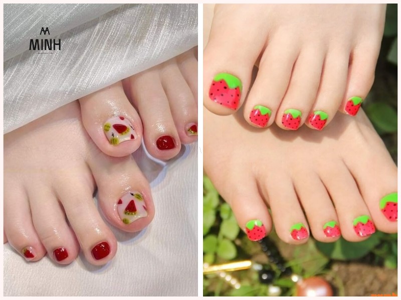 Sơn móng chân màu đỏ họa tiết trái cây