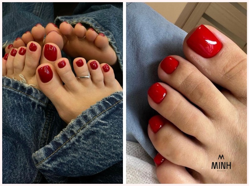 Mẫu nail chân màu đỏ tươi