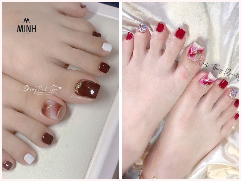 Mẫu móng chân màu đỏ phối kim tuyến