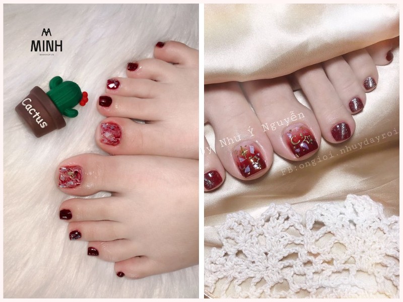 Kiểu móng chân màu đỏ tráng gương