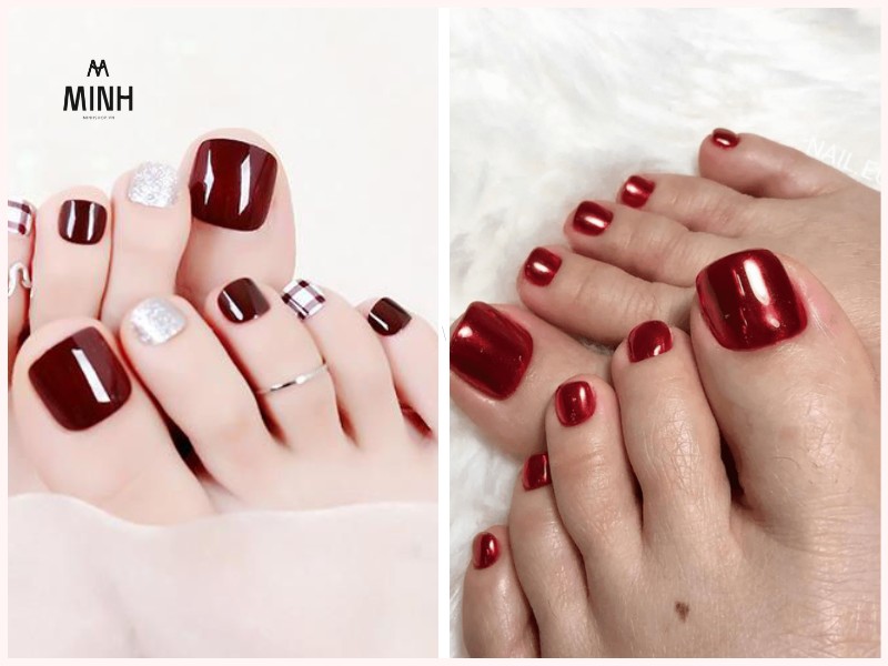 Kiểu móng chân màu đỏ tráng gương