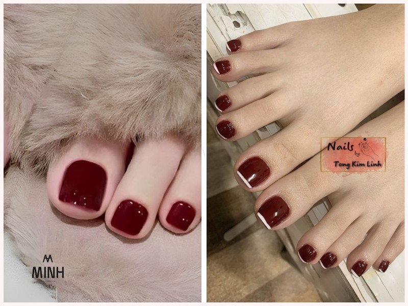 Sơn móng chân màu đỏ rượu phối họa tiết bạc, vàng