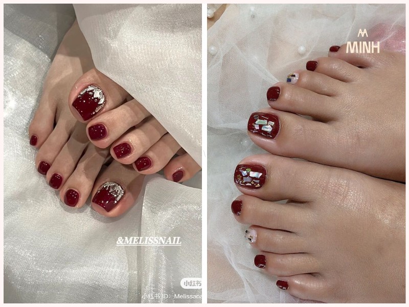 Sơn móng chân màu đỏ rượu phối họa tiết bạc, vàng
