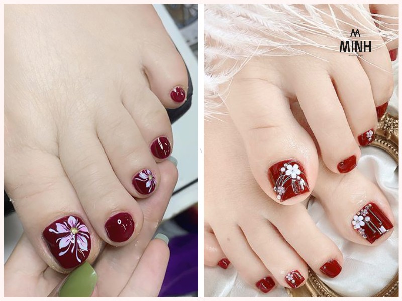 Mẫu móng chân đẹp màu đỏ chủ đề Tết