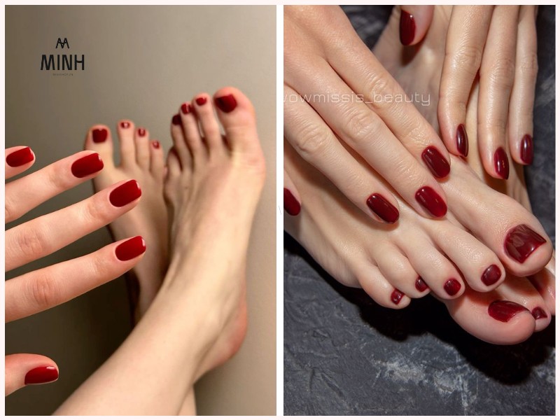 Mẫu nail chân màu đỏ mận